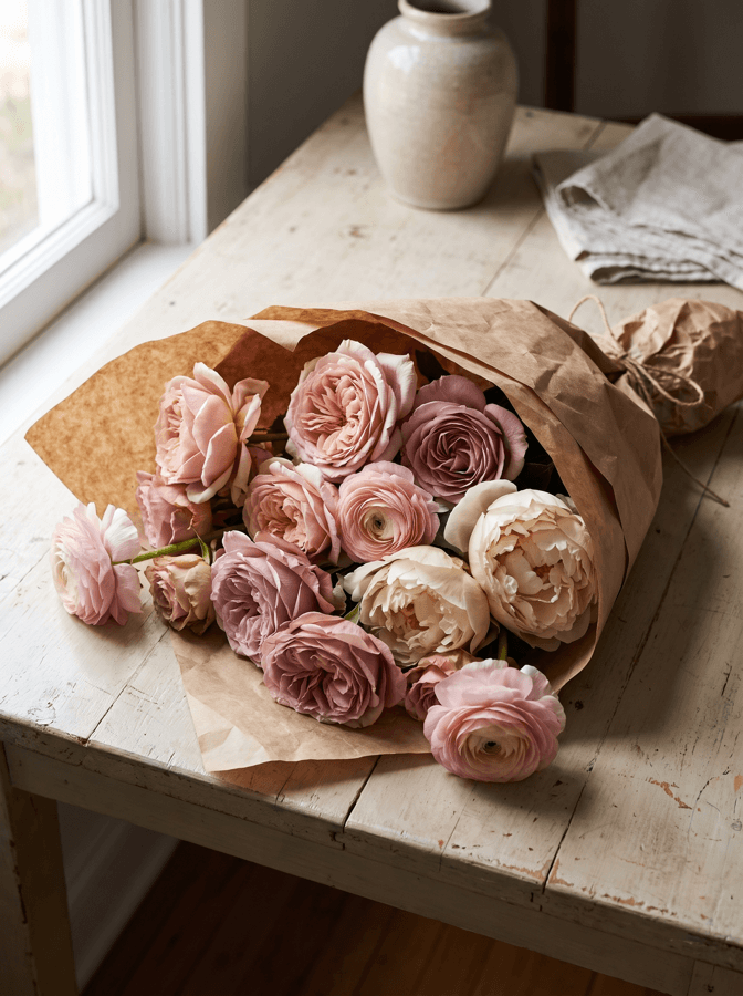A wrapped bouquet on the shop table
